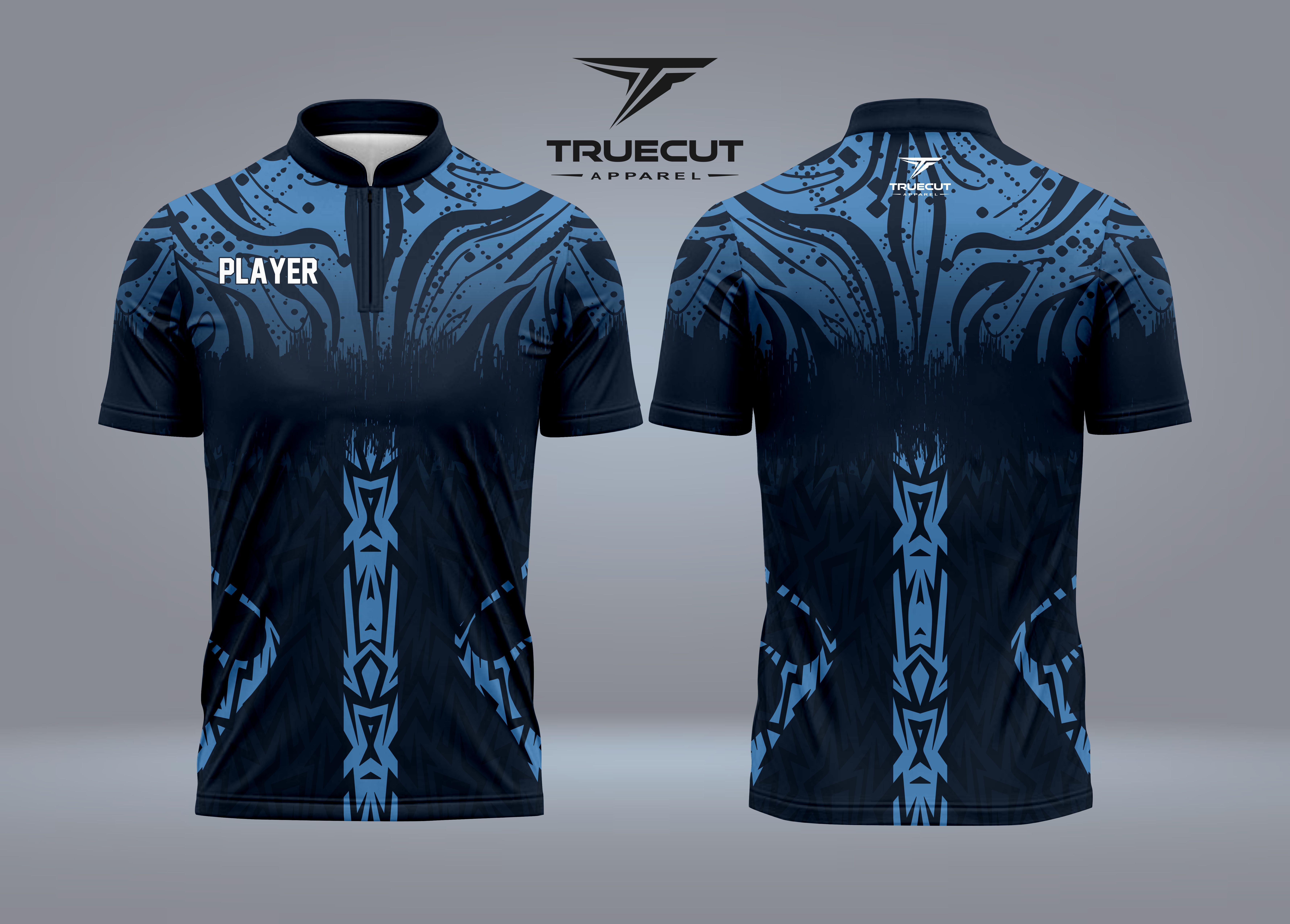 Blue and black zip-neck bowling shirt design, front and back