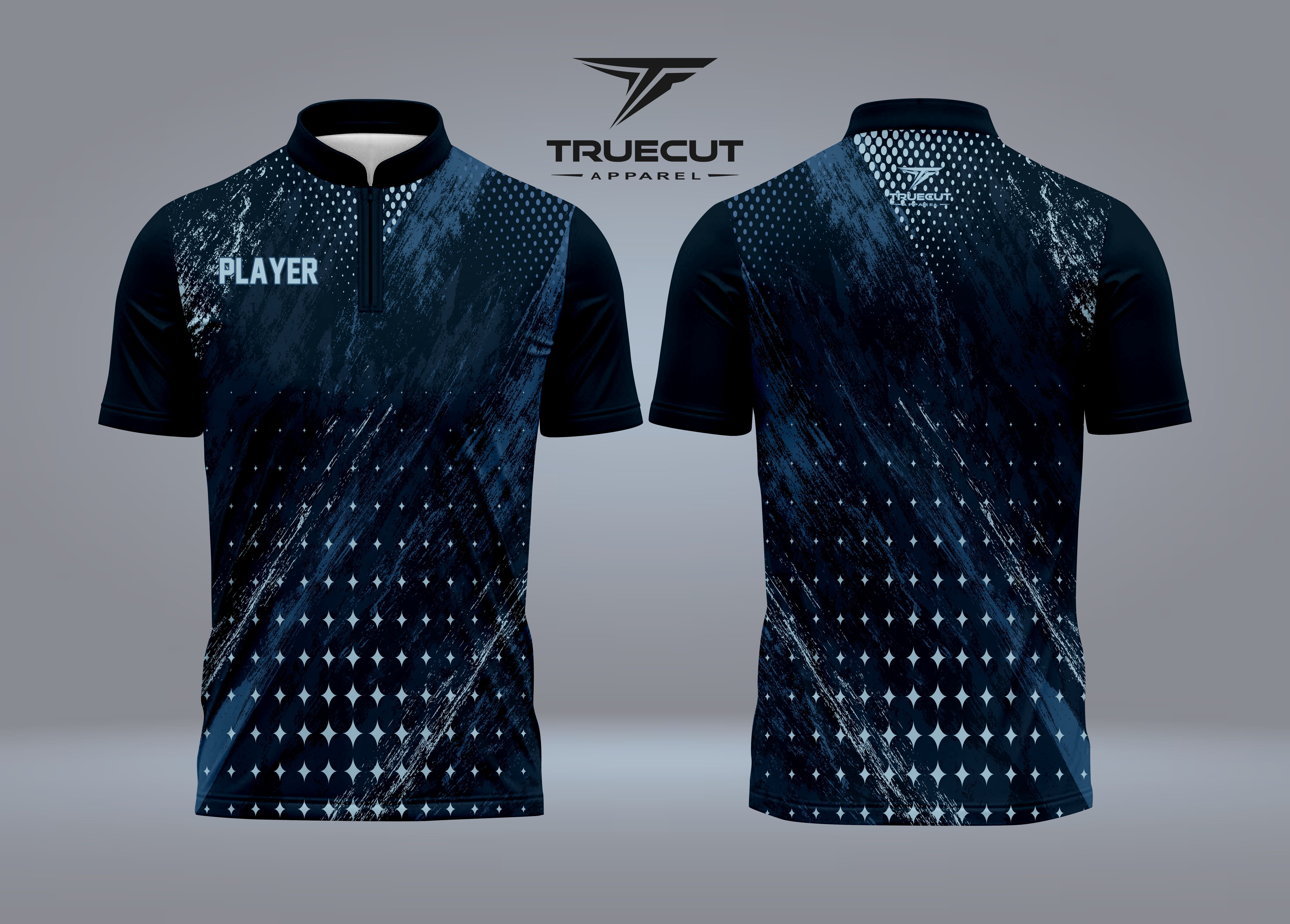 Blue patterned zip-neck bowling shirt design, front and back