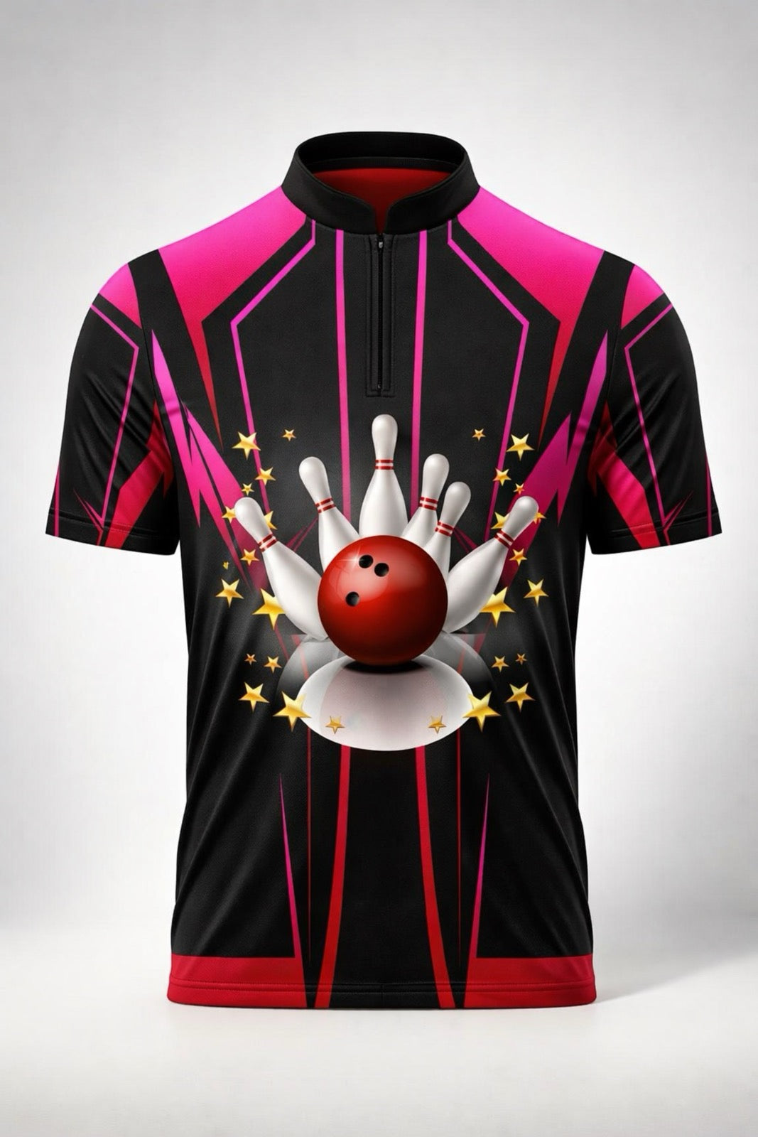 Black and pink zip-neck bowling shirt with bowling ball and pins artwork