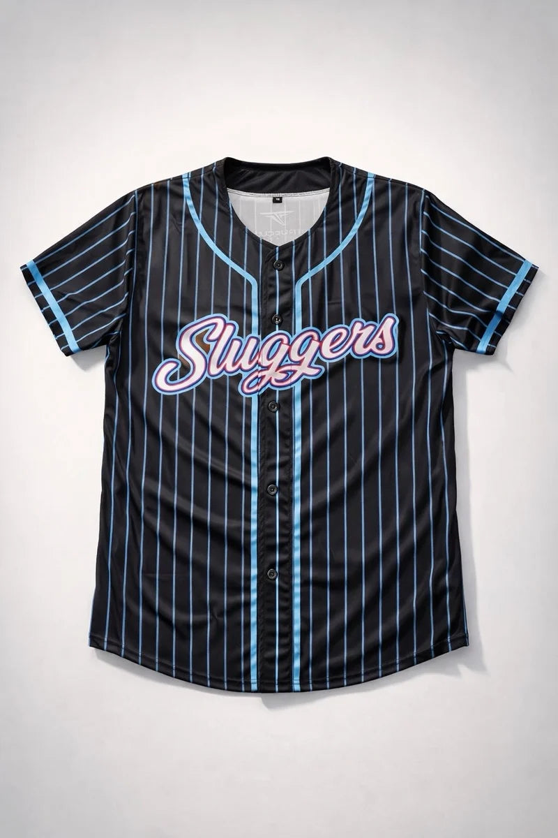 Black Sluggers custom baseball jersey with blue pinstripes