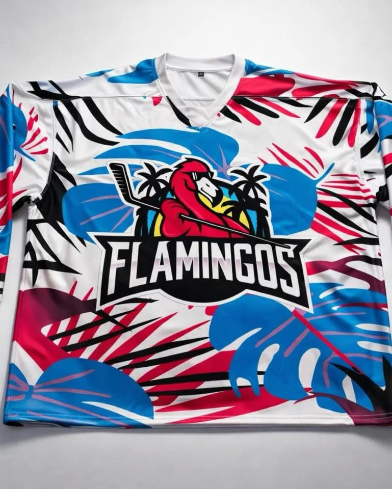 White Flamingos hockey jersey with cyan, pink and black graphics